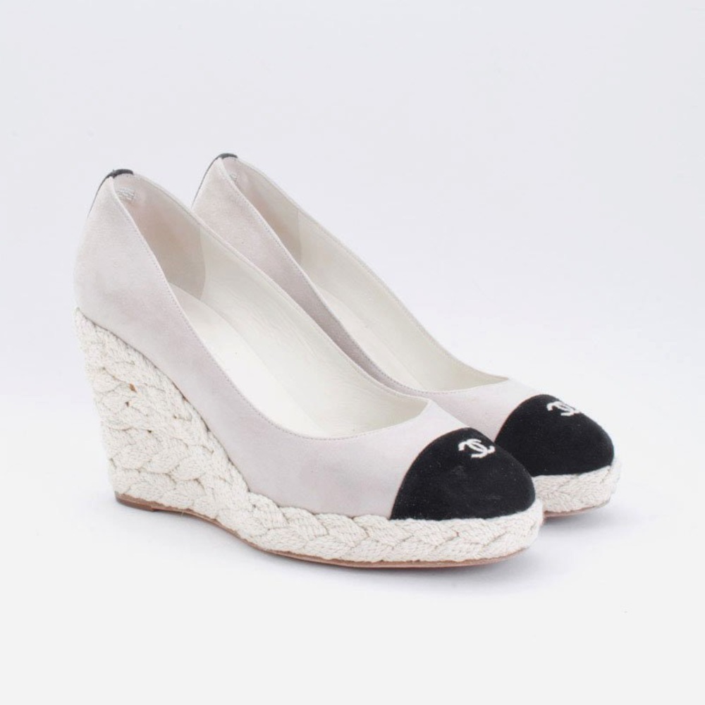 Chanel Two-Tone Espadrille Wedge Pumps in Cream and Black